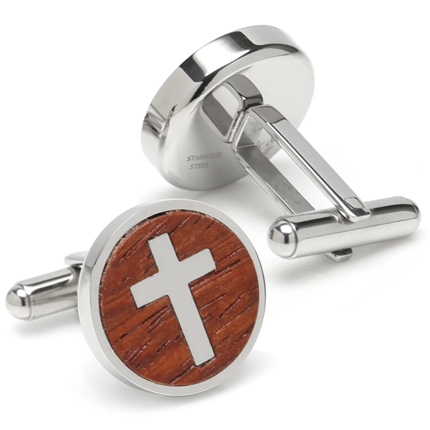 Shop Cross Round Wood Stainless Steel Cufflinks Luxury Cufflinks | Hobbies & Interests Cufflinks