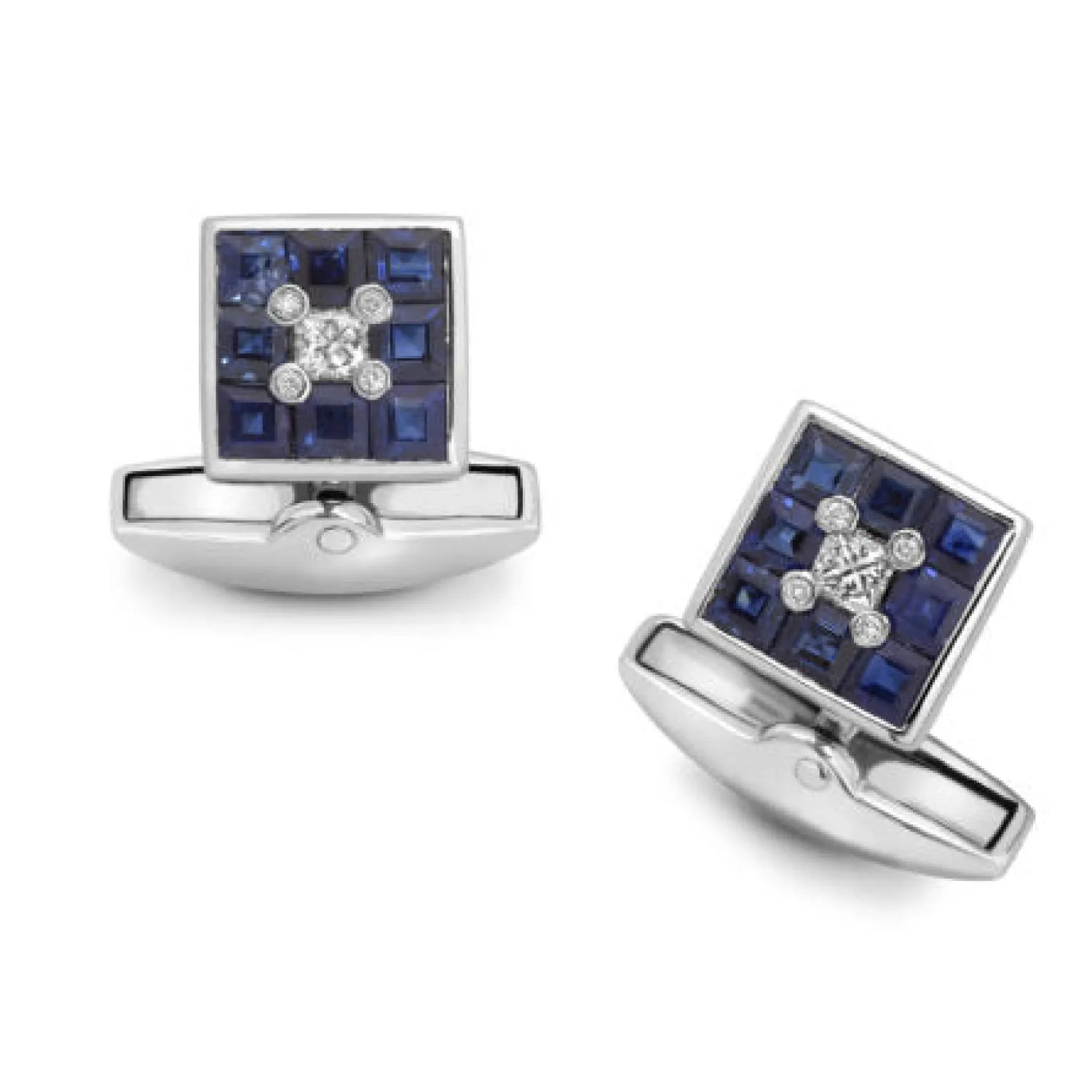 Discount 18ct White Gold Sapphire And Diamond Small Square Cufflinks Luxury Cufflinks | Hobbies & Interests Cufflinks