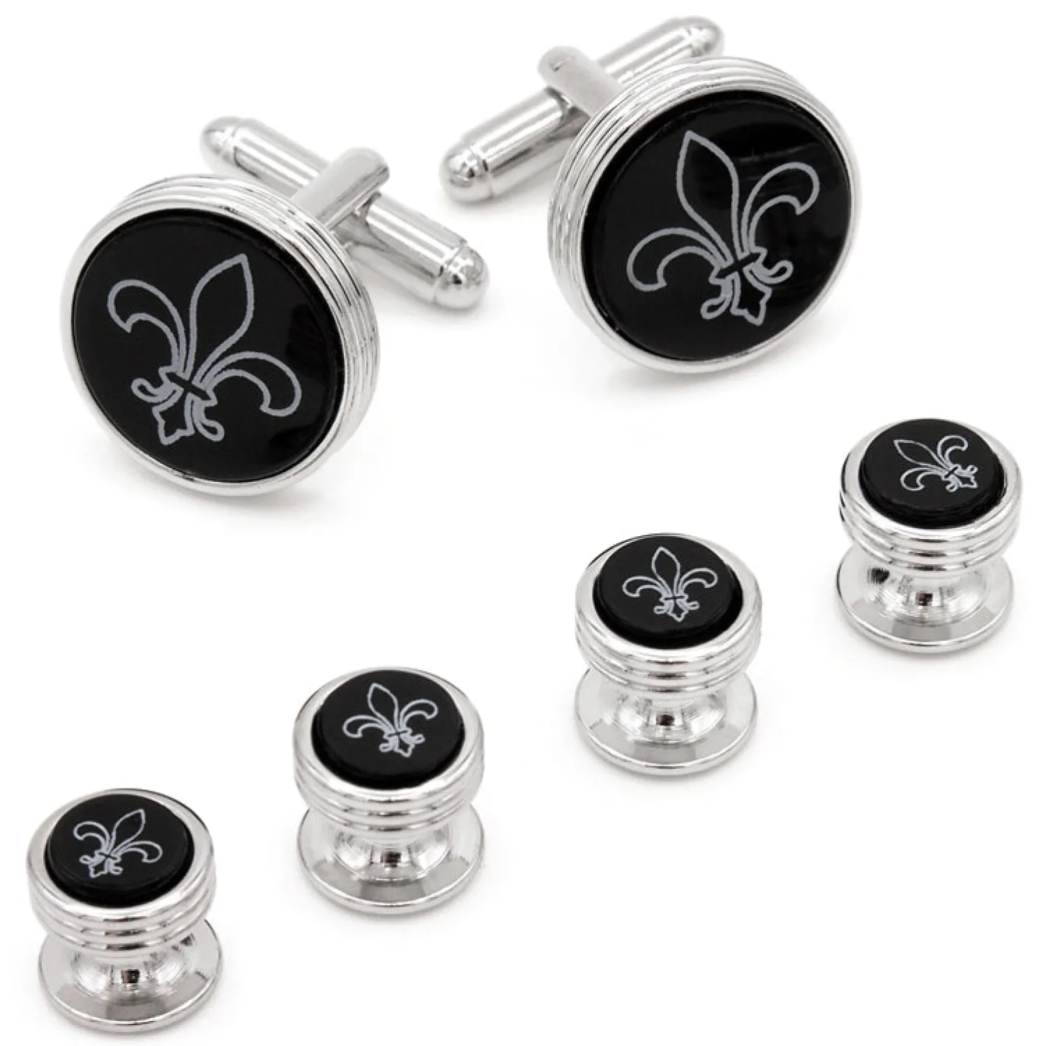 Best Sale Fleur de Lis Engraved Onyx Silver Stud Set Stud Sets | Hobbies & Interests Cufflinks