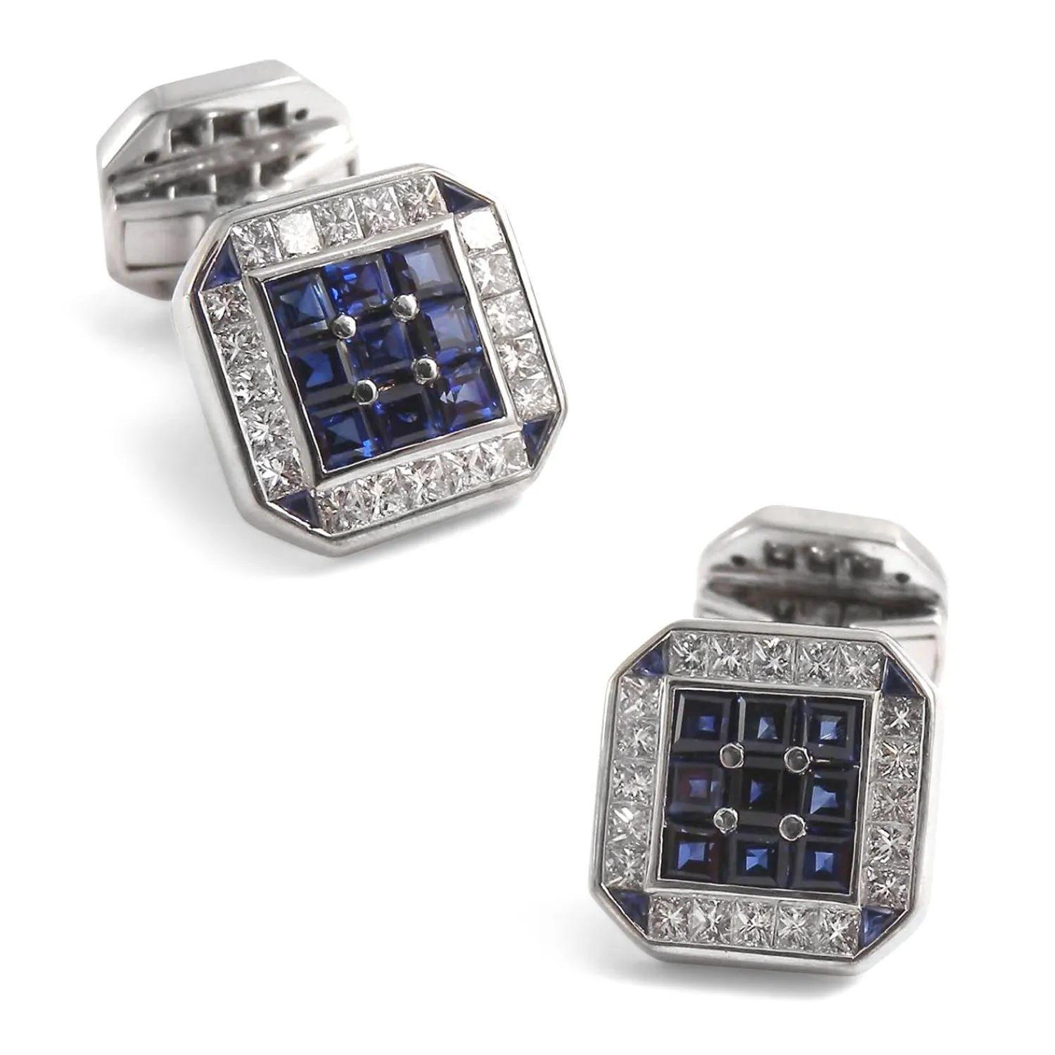 Fashion 18K White Gold Square Cufflinks with Diamonds & Sapphires Hobbies & Interests Cufflinks | Luxury Cufflinks