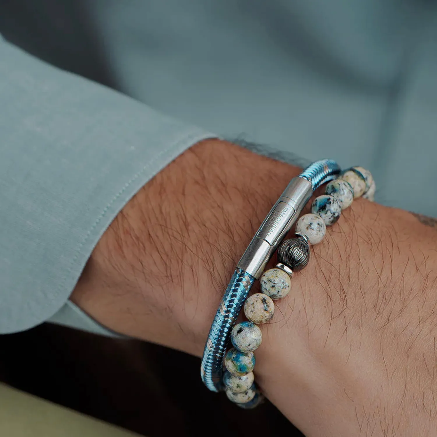 Sale Lhasa Graffiato Beaded Bracelet in Rhodium Silver with Cream and Blue Azurite Bracelets