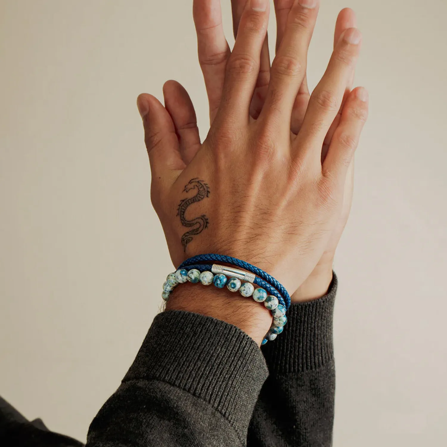 Sale Lhasa Graffiato Beaded Bracelet in Rhodium Silver with Cream and Blue Azurite Bracelets
