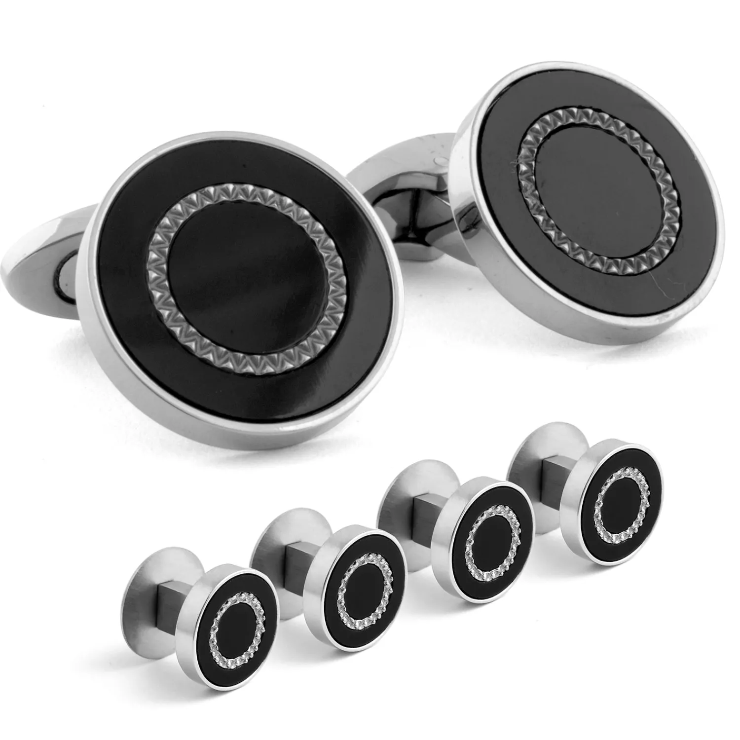 Discount Round Titanium Cufflinks and Shirt Studs Set in Black Agate Stud Sets
