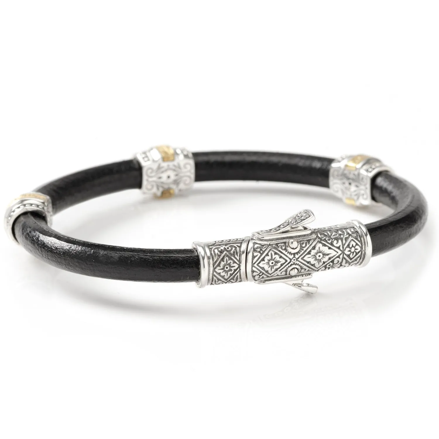 Hot Sterling Silver & Bronze with Black Leather Bracelet Bracelets