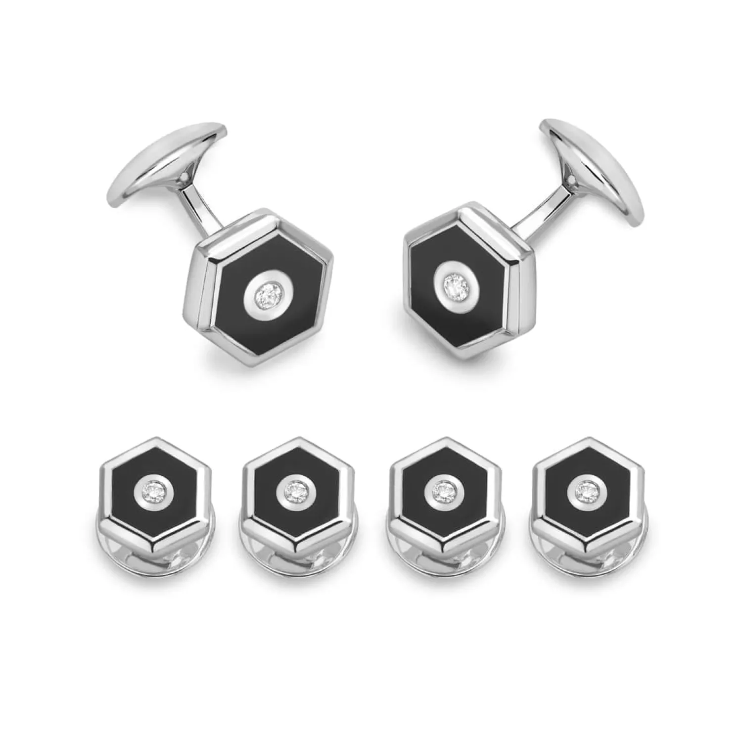 Shop Sterling Silver Hexagonal Onyx And Diamond Dress Set Luxury Cufflinks | Hobbies & Interests Cufflinks