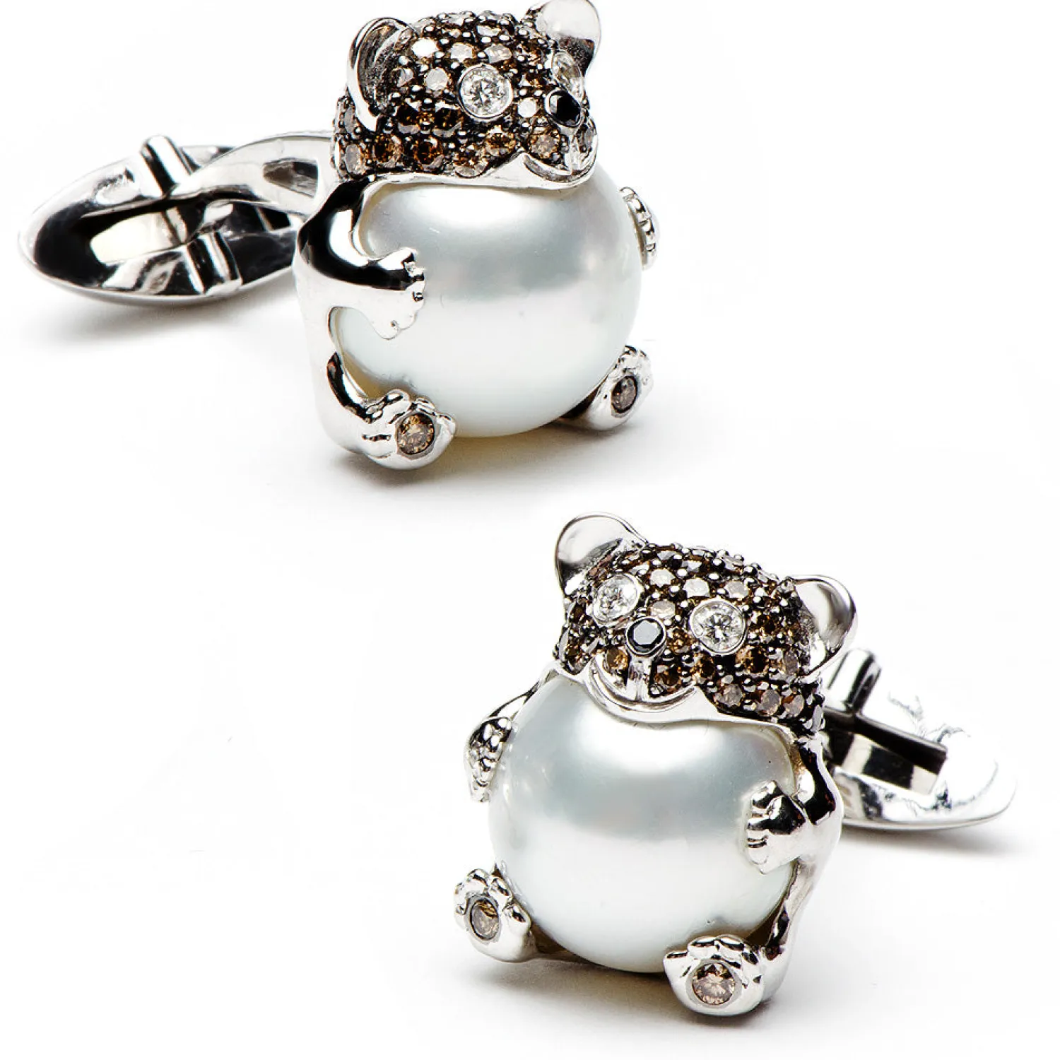 Outlet White Gold Bear with White South Sea Pearls & Brown Diamonds Hobbies & Interests Cufflinks | Luxury Cufflinks